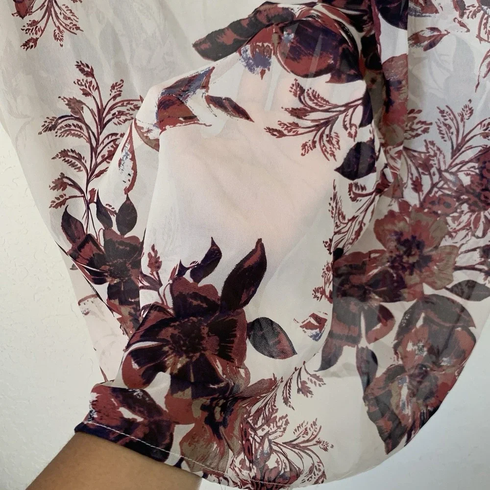 Emory Park Duster Kimono‎ Women OS Ivory Burgundy Purple Floral Sheer Longline